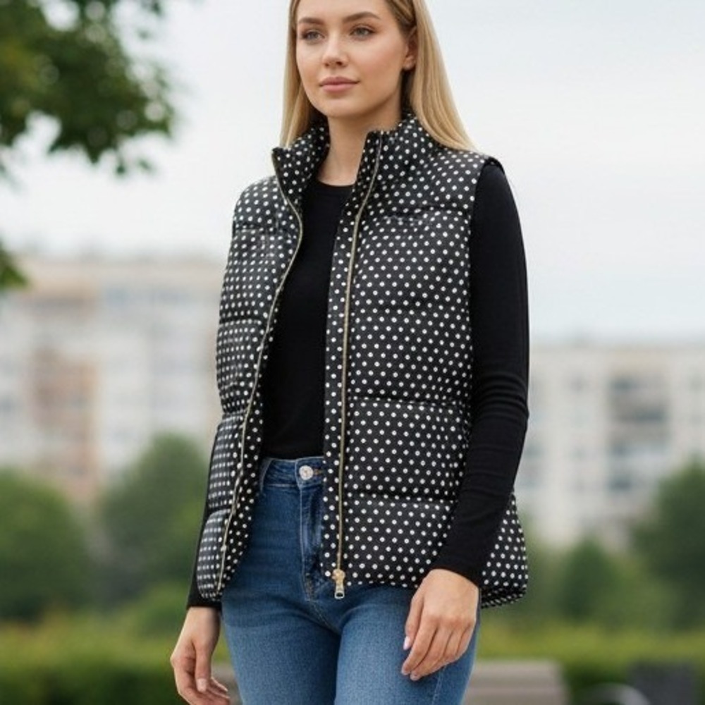 Michael Kors Womens Puffer Vest Black White Polka Dot Zipper Logo Size S
